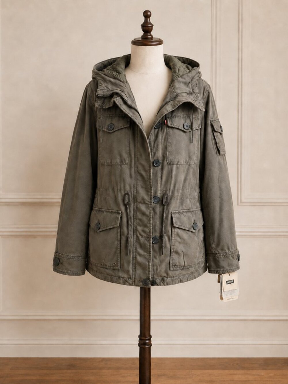 Levi's Women M Army Green Cotton Hooded Military Field Utility Jacket NWT
